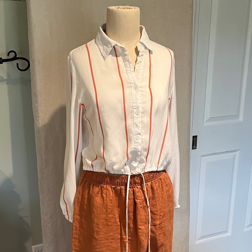 Women’s White Button-Down Top with TeracottaStripe
